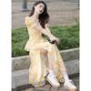 Tea Break French Campanula Retro Style Yellow Floral Chiffon Dress - Women's Summer Waist-Cinching Design