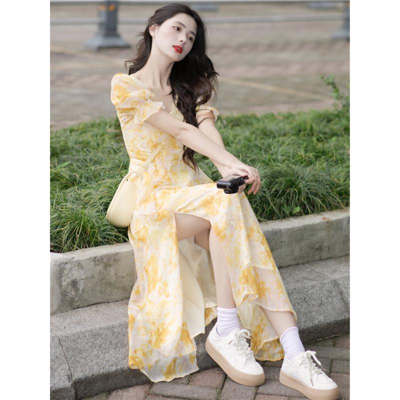 Tea Break French Campanula Retro Style Yellow Floral Chiffon Dress - Women's Summer Waist-Cinching Design