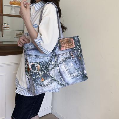 Spring and Summer New Retro Denim Contrasting Color Portable Shoulder Bag Large Capacity Tote Bag Shopping Bag Women's Bag
