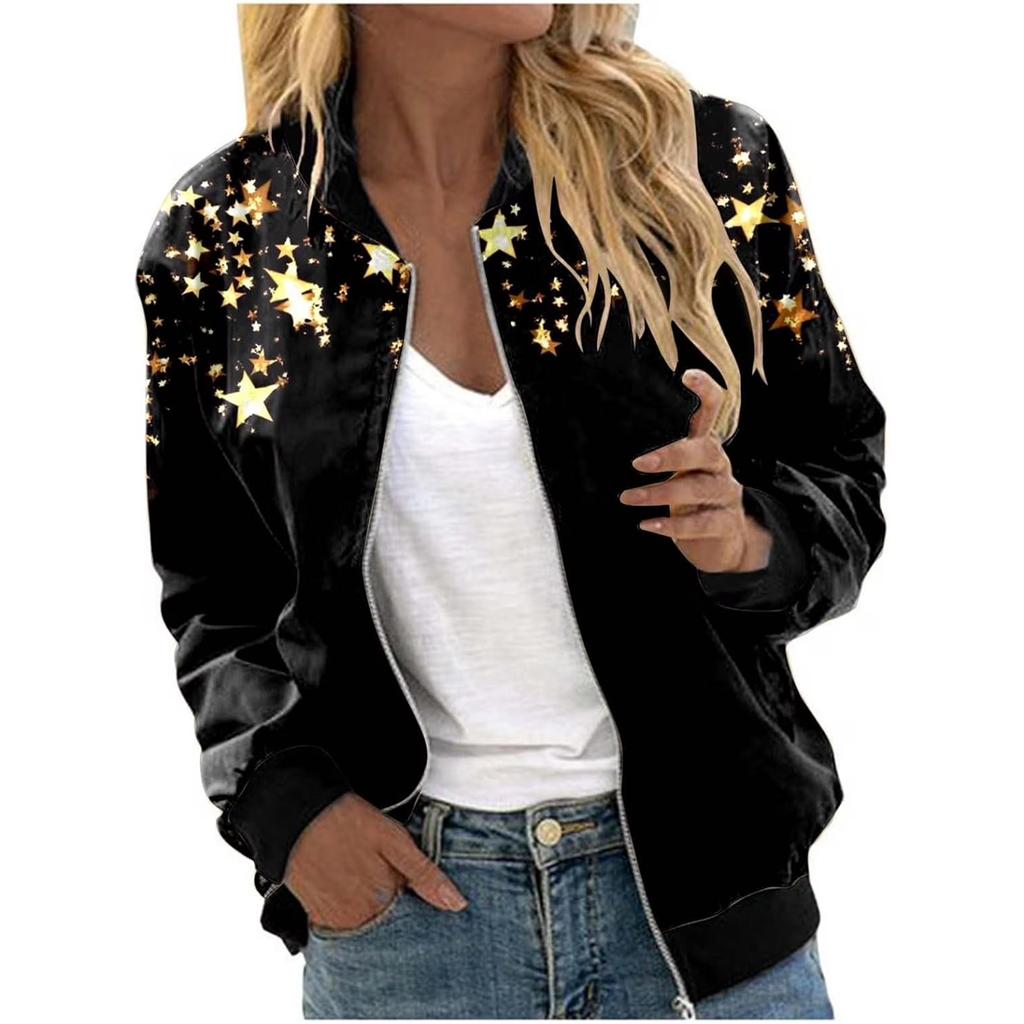 Women's Fashion Long Sleeve Sequin Starlight Print Round Neck Zip Jacket