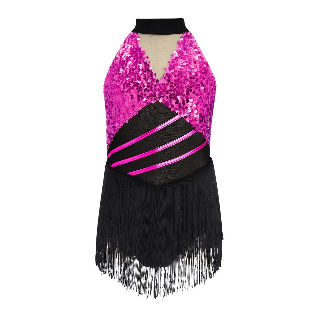 Costume da Ballo Latino da Bambina Brillante con Paillettes, Scollo all'Americana, Senza Maniche, Rete in Vita, Foro sulla Schiena, Body Metallico con Frange