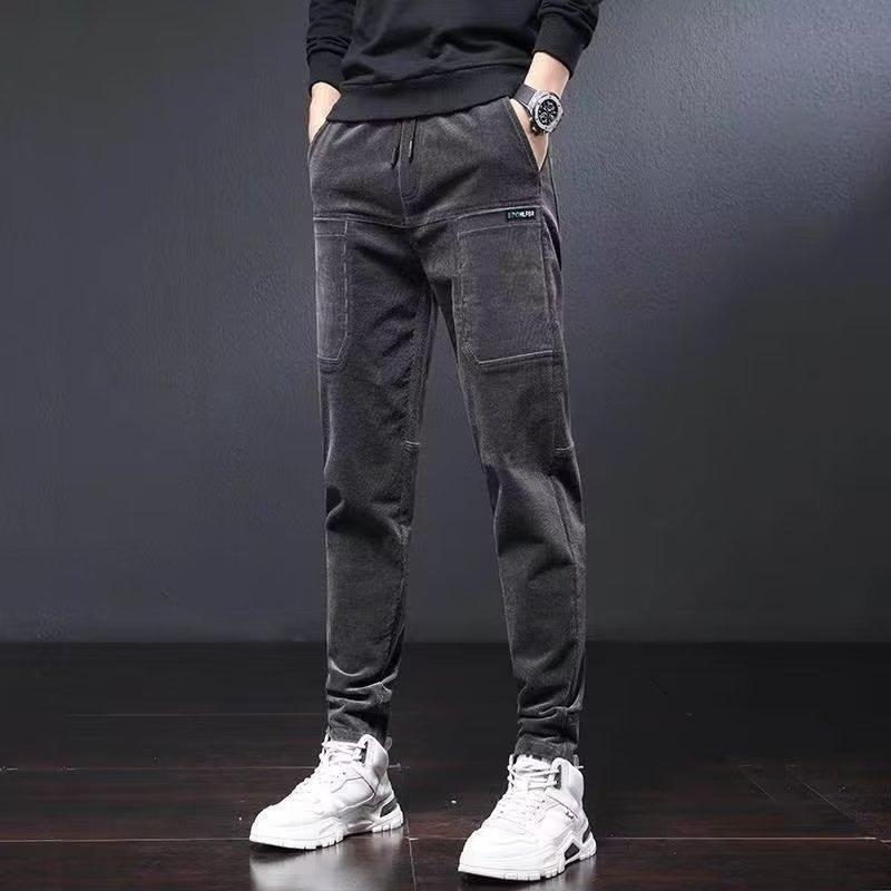 Corduroy Casual Pants For Men Fleece-lined Warm Striped Velvet Multi-pocket Slim Fit Straight Leg Pants