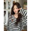 Japanese Style Sausage Dog Fabric Striped Long Sleeve Tee with Round Neck