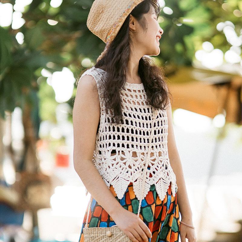 Women's Holiday Travel Hollow Out Tops Short Vest Bohemian Seaside Vest Cover-up