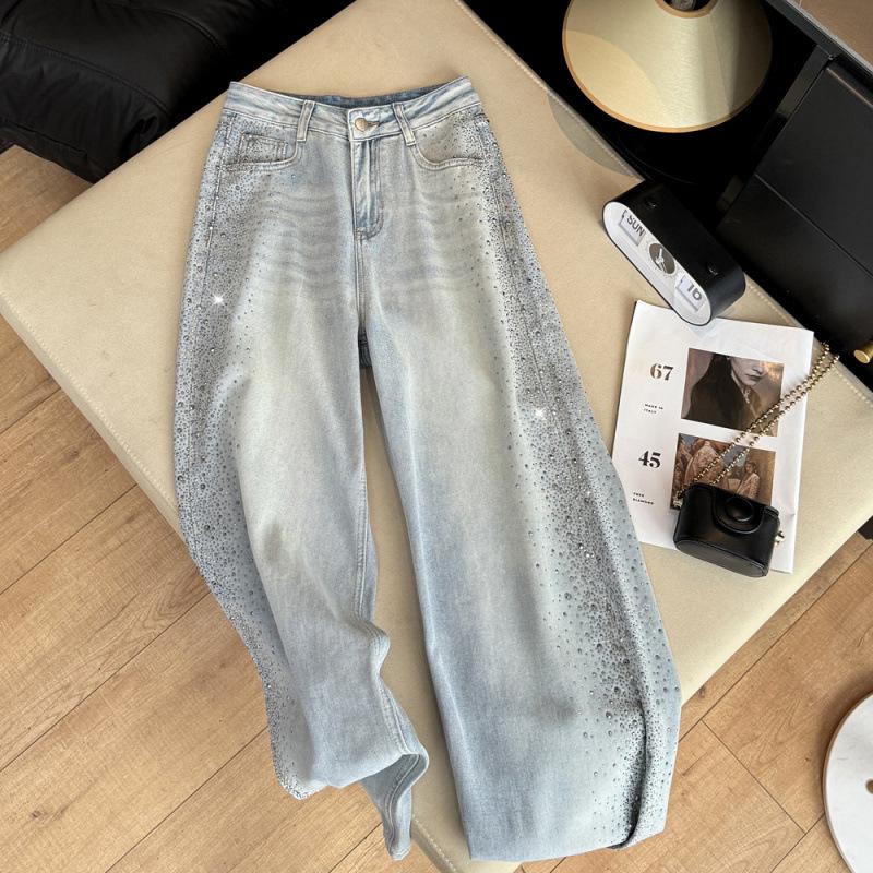 Li Wanjun Korean Style High-Waist Straight Leg Slimming Denim with Large Particle Rhinestones