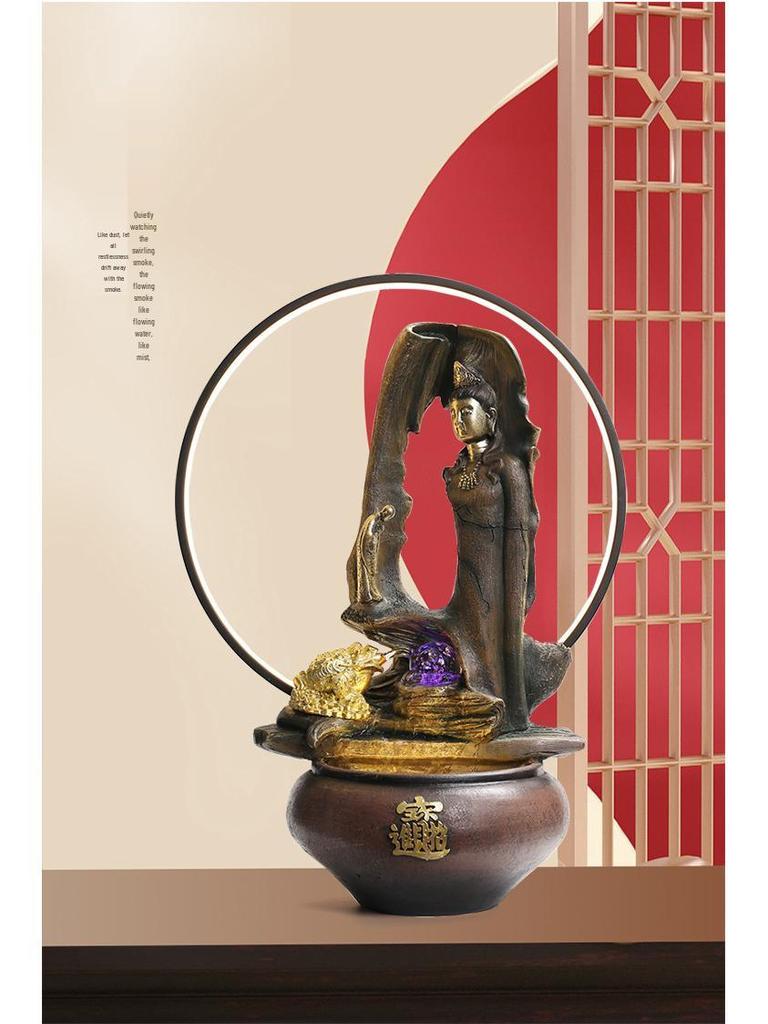 Zen Guanyin Buddha Statue with Golden Cicada Lamp and Flowing Water Fish Tank for Home Entrances.
