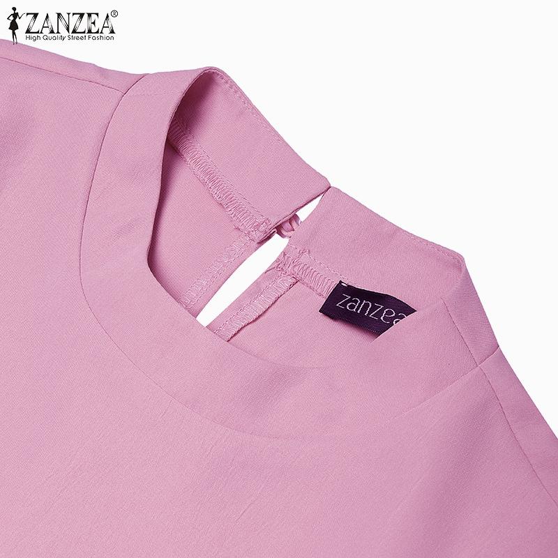 ZANZEA Women Casual Round Neck Loose Ruffles 3/4 Sleeve Plain Blouse