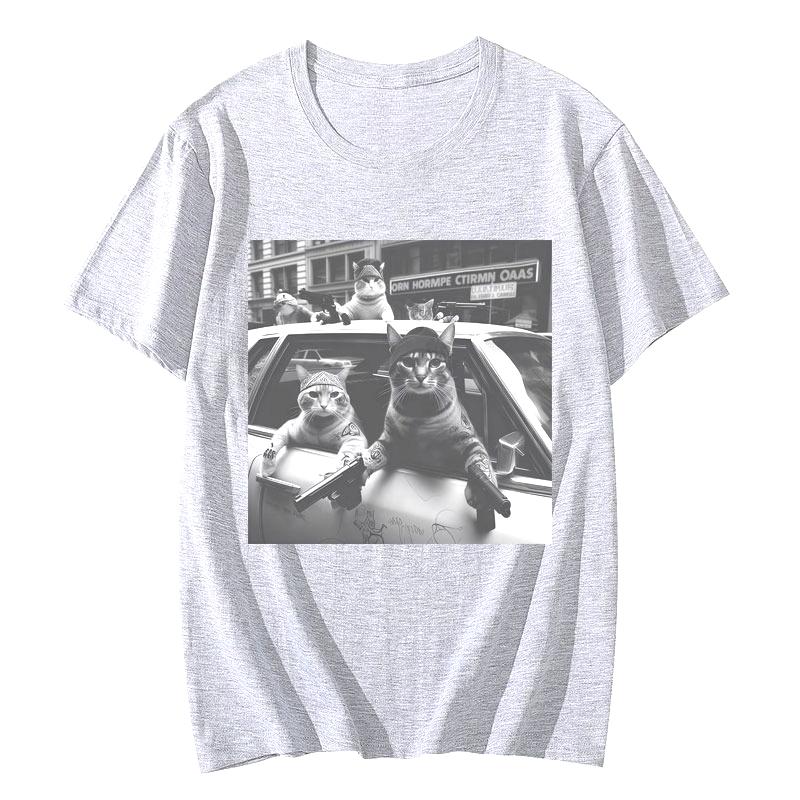 2025 Autumn and Winter American Men's and Women's Fun Cat Print T-shirt Pure Cotton Round Neck Comfortable High-quality T-shirt