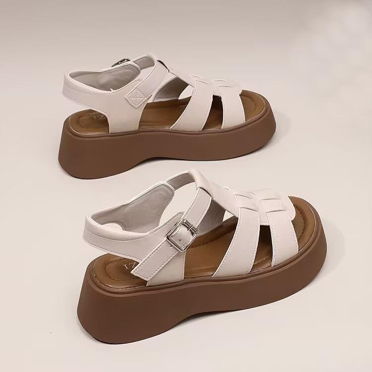Real soft leather foreign trade platform shoes Roman sandals women's muffin bottom hollowed out non-slip soft sole word casual beach shoes women