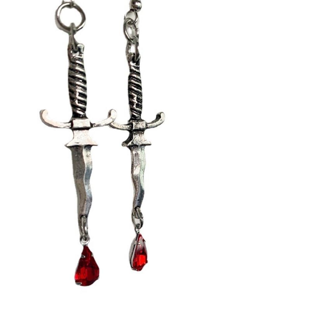 Personality Goth Sliver Color Knife Blood Sword Red Blood Drops Crystal Dangle Earrings for Women Men Hallowmas Jewelry Gifts