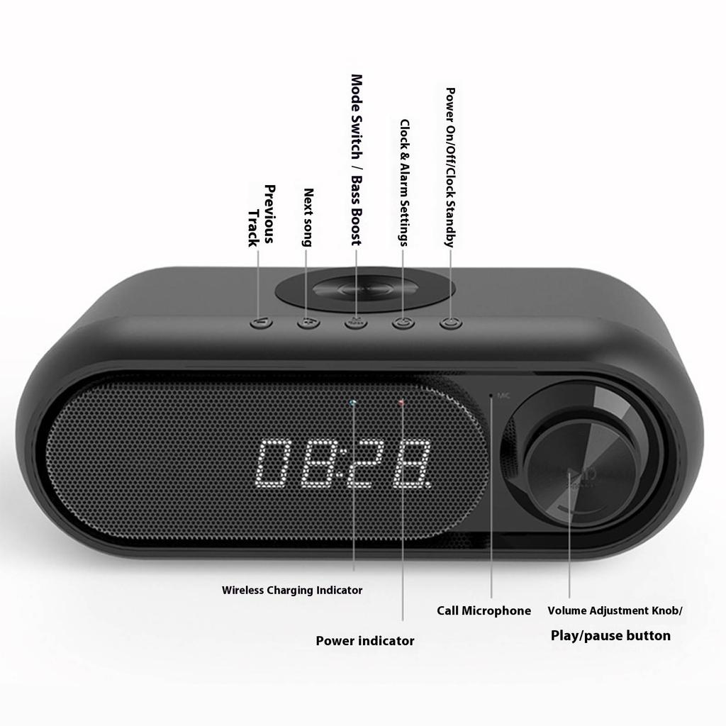 Portable Bluetooth-compatible Loudspeaker Sound Box Subwoofer Mini Home Theater Player Wireless Charging Adapter Digital Clock Alarm
