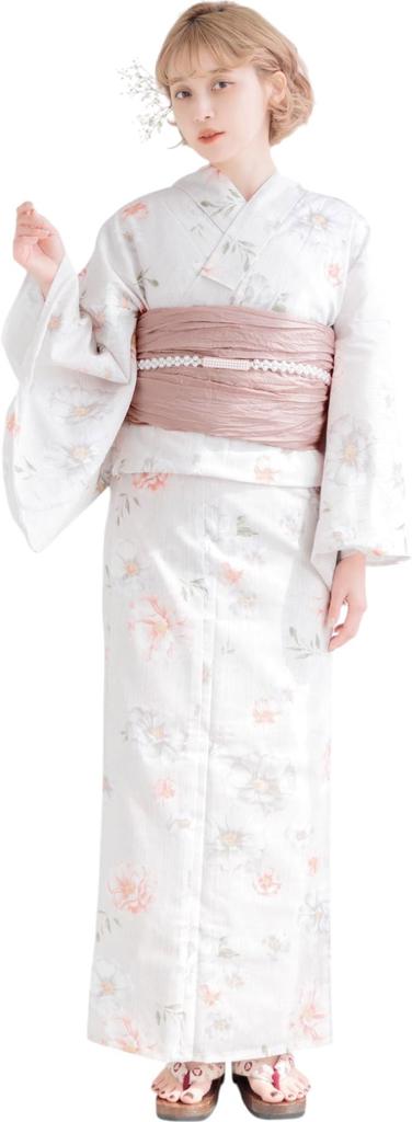 (Dita) Women's Yukata 5-Piece Set, Pink and White Watercolor Floral Pattern, Girly, Easy to Wear by One Person (Kazahana no Momoiro Shirabe, FREE