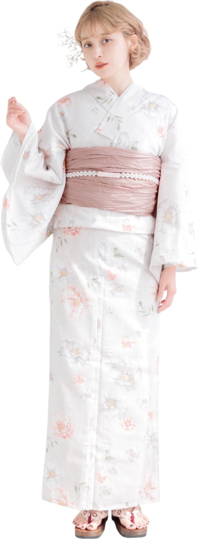 

Dita Yukata Pink and Watercolor Floral Easy to Dress by Yourself no Free Women s 5-Piece Set, White, Print, Girly, (Fuuka Peach-Colored Study, Size)