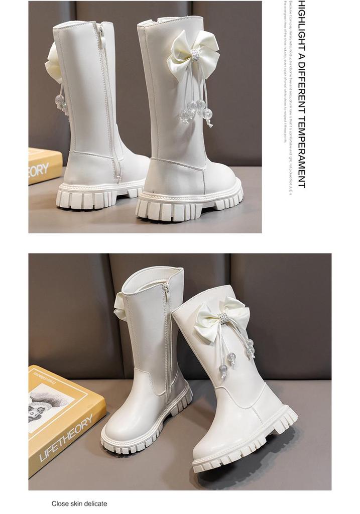 Girls' Bow Long Leather Boots - 2025 Autumn/Winter Stylish Princess Collection