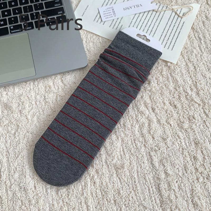 5 Pairs  Autumn and Winter Ankora Red Socks Women Straight Board Boneless Cotton Mid-calf Hundred Stripes Polka Dot Stacked Socks