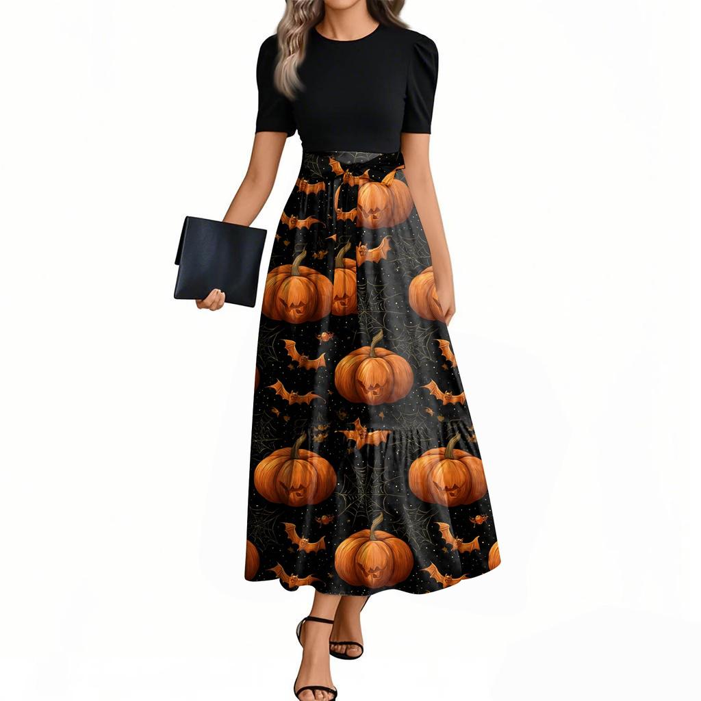 Women's Fashion Casual Belted Short Sleeve Round Neck Halloween Print Elegant Dress
