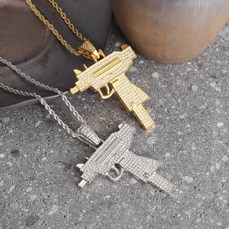Hip Hop Bling Iced Out Submachine Gun Pendant Necklace for Men Hip Hop Rock Street Party Cool Jewelry