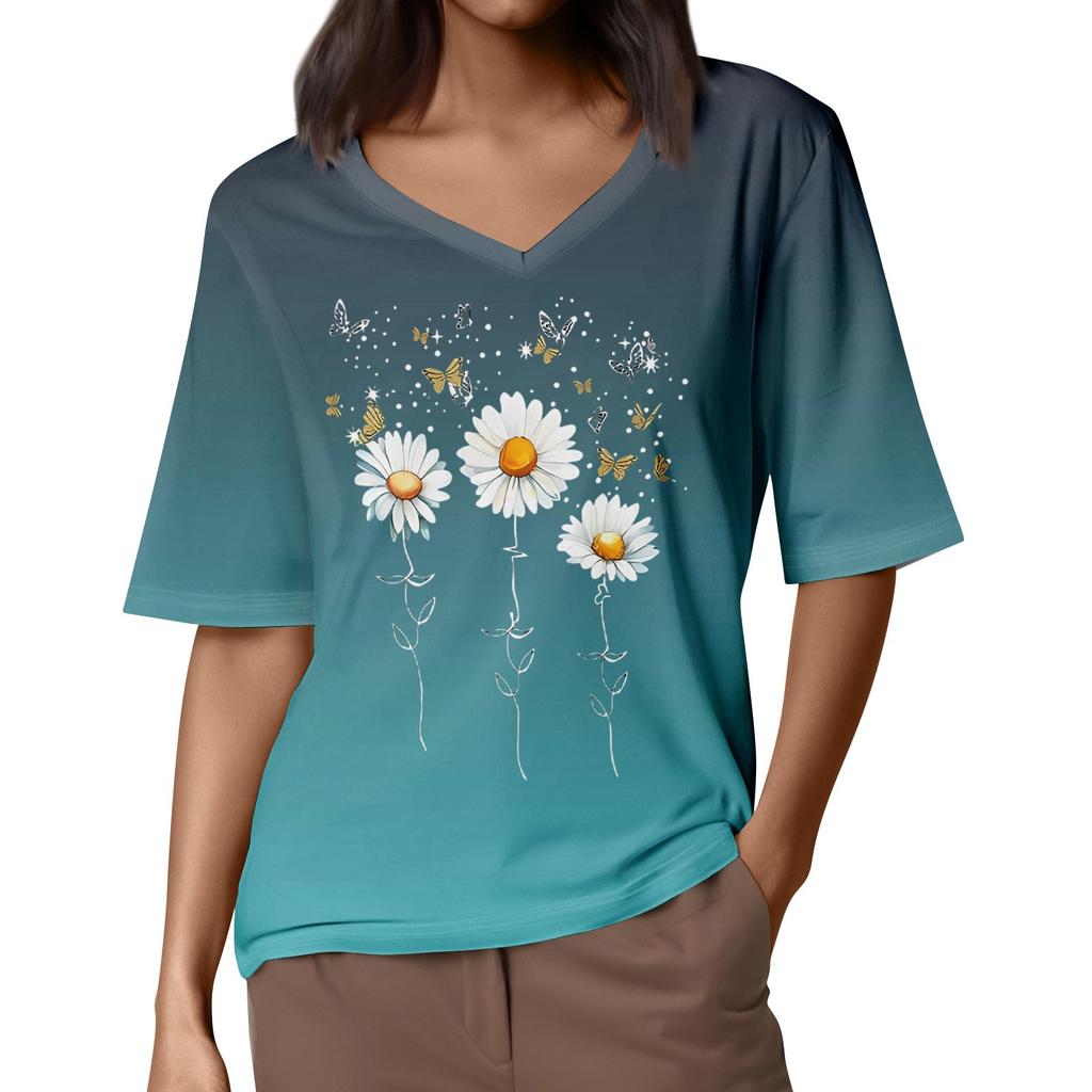 Women's V Neck T Shirts Half Sleeve Tops Printed Casual Summer Tees T Shirt Blouse