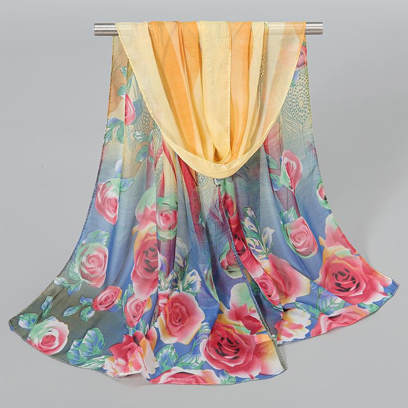 Nuova Sciarpa in Seta Chiffon Stampata a Rose Donna Stola Leggera Protezione Solare Estiva da Esterno Scaldacollo Lungo 150*50Cm