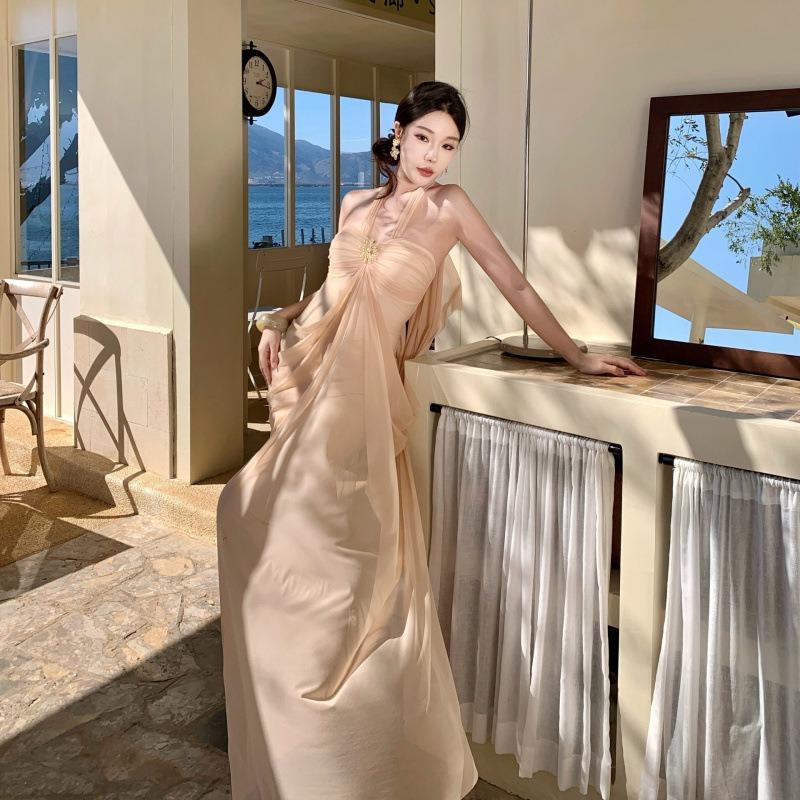 French Celebrity Premium One Shoulder Mesh Long Dress Skirt Vintage Tube Top Dress