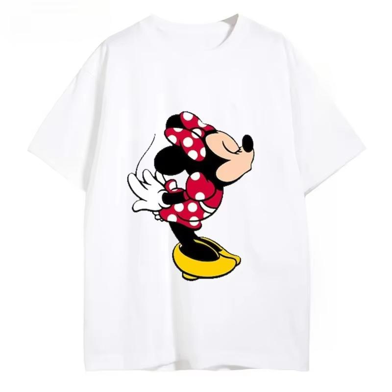 

2025Summer New Disney Mickey and Minnie Printed Couple T-shirt Round Neck Loose Valentine s Day 100% Pure Cotton Printed T-shirt S