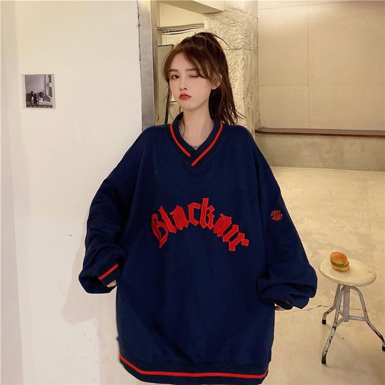 Women V-neck Pullover Tops Loose Long-sleeves Letter Female Y2k Casual All-match Top Clothing