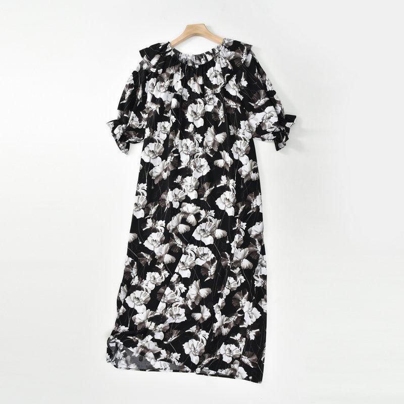 

Cotton Noil Floral Long Dress O Neck with Ruffles Slimming Boho Beach Cover Up Loose Drawstring Waist Viscose Thin Dresses One Size чорний