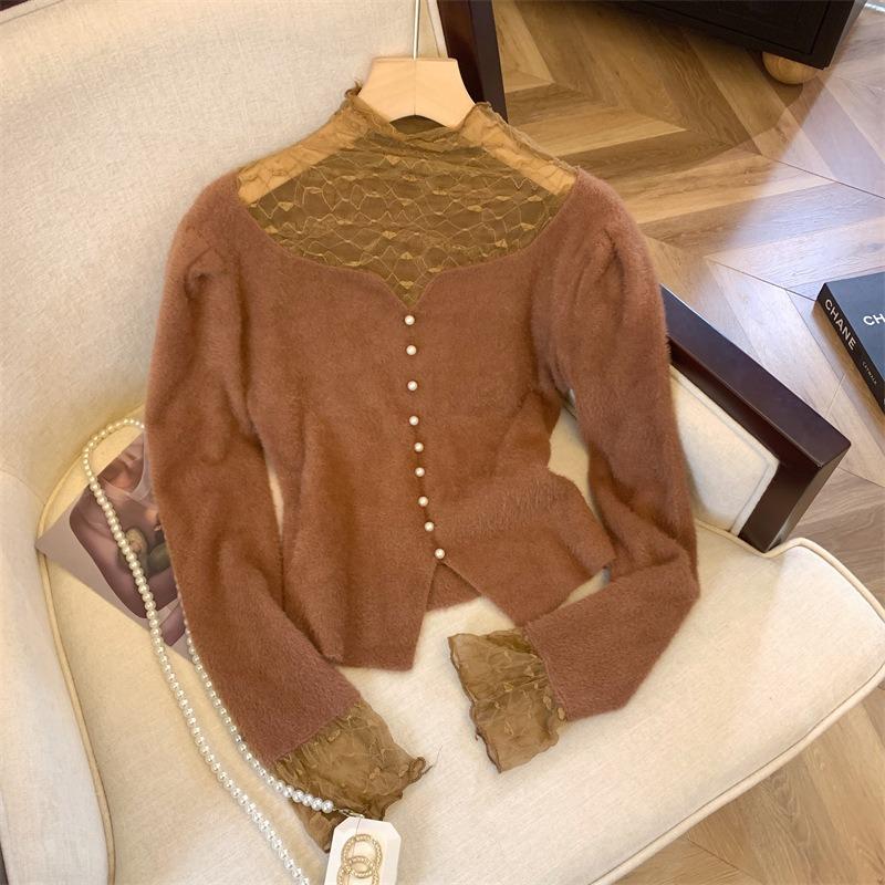 

Autumn and winter splicing mesh stand-up collar pullover bubble sleeve false breasted buckle loose split irregular top women s velvet XL