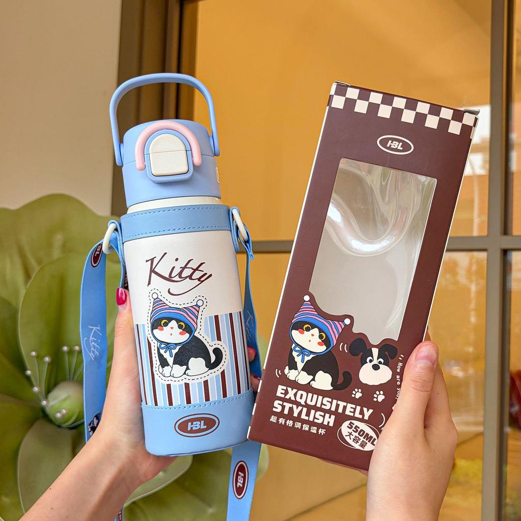 Cartoon Kids Thermos Cup: 316 Stainless Steel, Drop-proof, Portable, Double Straw, High Appearance Water Bottle for Students.