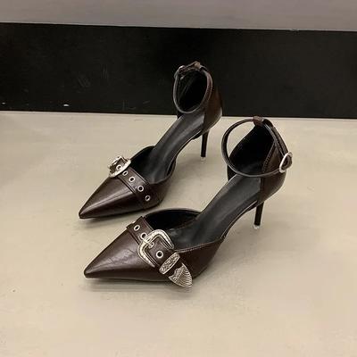 Fashion Summer New Pointed Toe Shallow Mouth Metal Buckle Strap Pumps Wear-Resistant Sandals Pointed Toe High Heels Shoes for Women