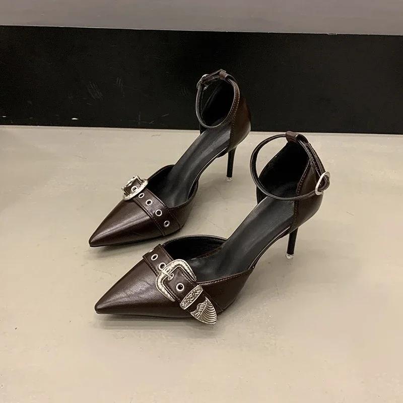 Fashion Summer New Pointed Toe Shallow Mouth Metal Buckle Strap Pumps Wear-Resistant Sandals Pointed Toe High Heels Shoes for Women