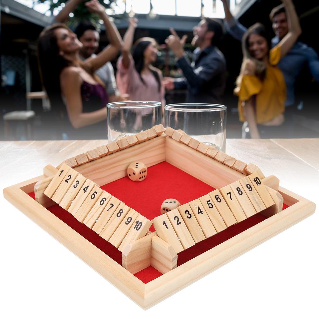 Wooden Shut the Box Dice Game 4 Sided 10 Numbers Board Tabletop Pub Game for Kids Adults