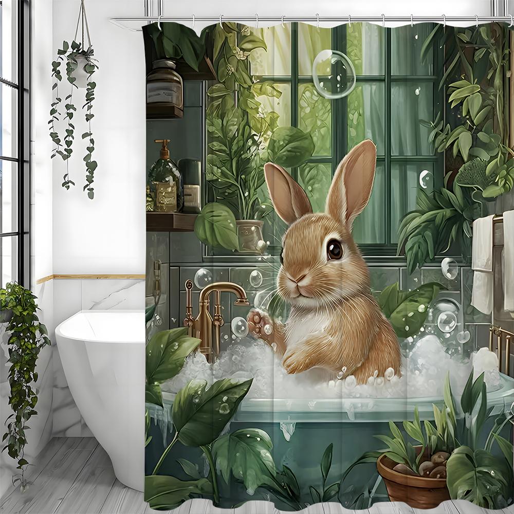 

Cute Rabbit Cheerful Shower Curtain, Green Small Fresh Floral Spring Bubble Bathroom Decorative Shower Curtain, Waterproof Showe 90*180cm