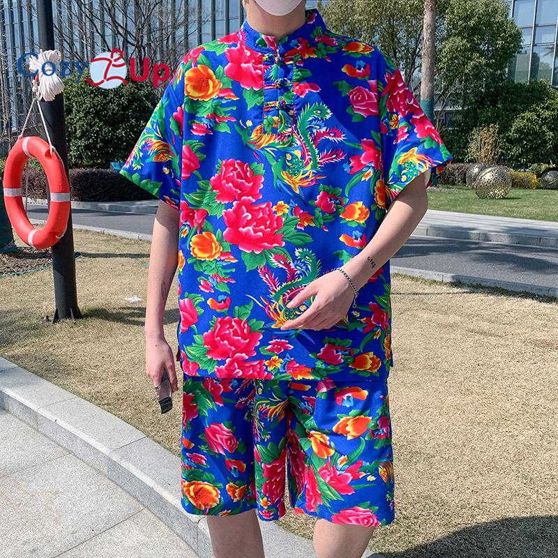 

Мужская футболка Cosy Up из 2 предметов с короткими рукавами и рисунком, комплект шорт на шнурке с гавайским принтом (футболка+брюки) 5XL синий