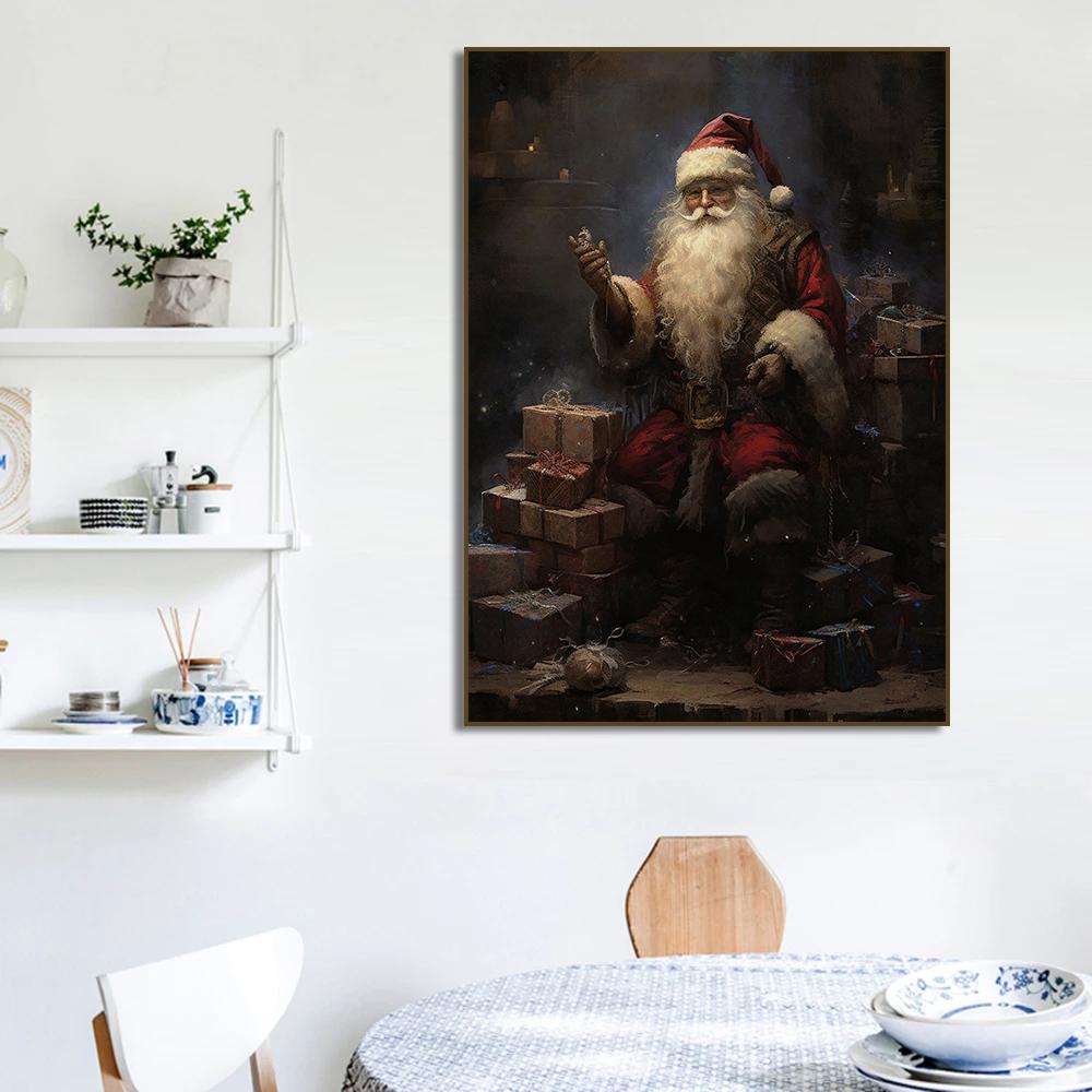 Winter Pine Forest Santa Claus Rustic Landscape Poster  Christmas Canvas Painting, Dark Academia, Antique Vintage Home  Decor
