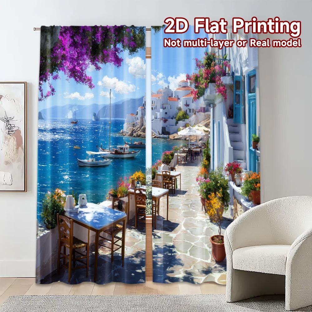 Modern Flat Printing Curtains Without Rod Seaside Serenity Window Curtain Polyester Decorations Set Of 2 Made