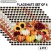 4/6pcs Set of Placemats with Pumpkin, Sunflower, Maple Leaf, Berry, Mushroom, and Pinecone Patterns, Featuring a Black and White Checkered Border Desi