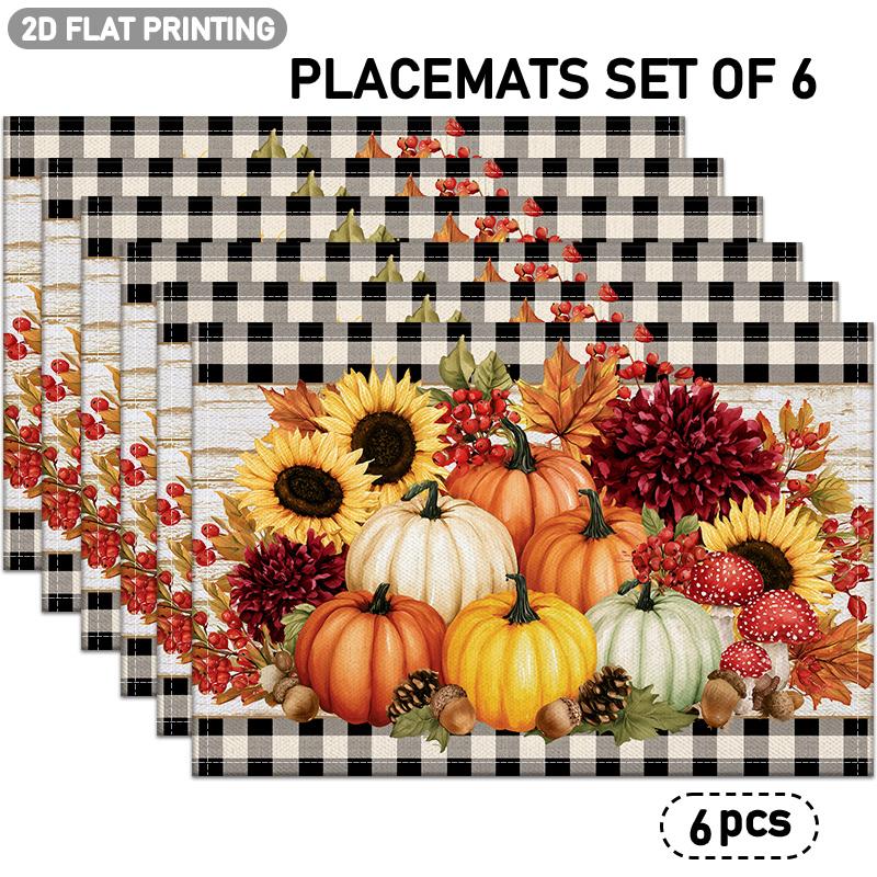4/6pcs Set of Placemats with Pumpkin, Sunflower, Maple Leaf, Berry, Mushroom, and Pinecone Patterns, Featuring a Black and White Checkered Border Desi