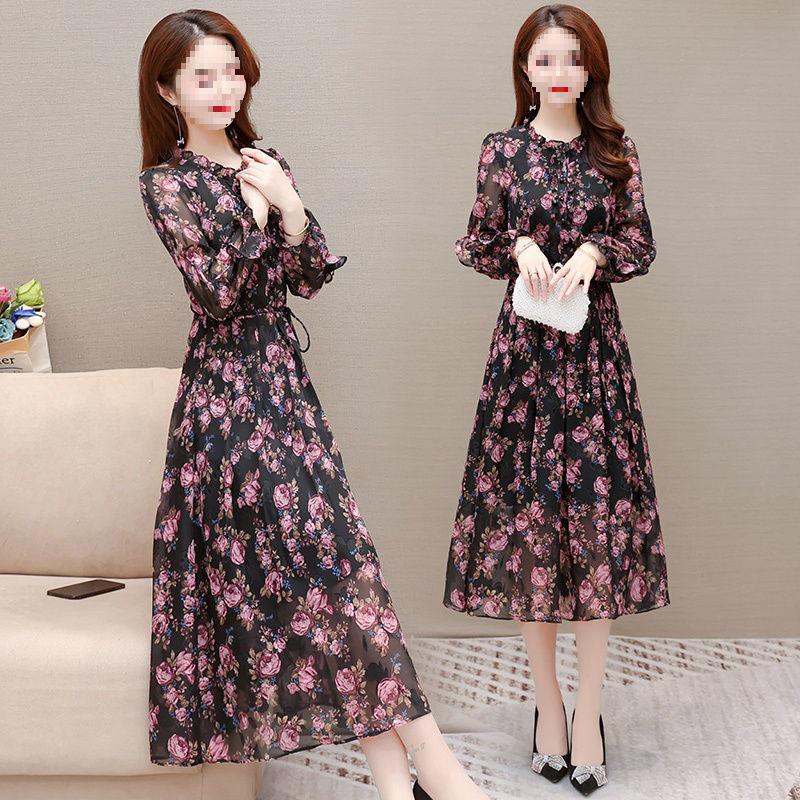 Women's Mid-Length Floral Chiffon Spring Dress - Waist-Slimming, Over-the-Knee, Long-Sleeved Fashion