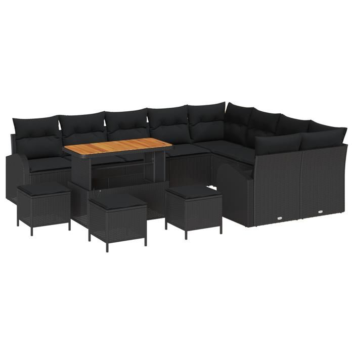 VidaXL Ensemble de 13 Pièces de Sofa de Jardin avec Coussins Noir Poly Rattan Acacia 3364389
