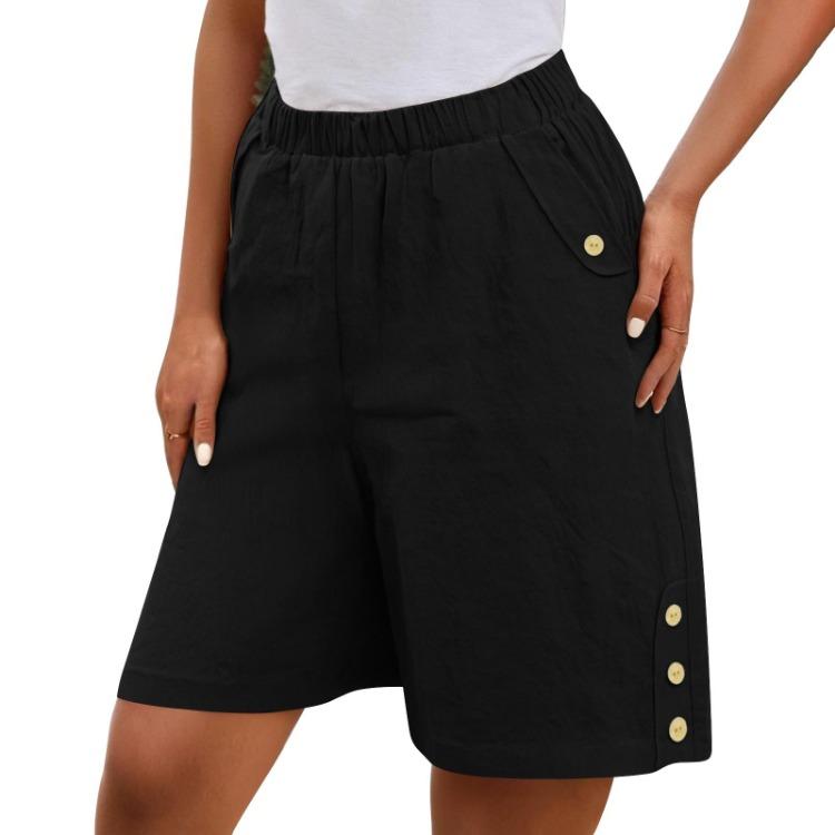 High Waisted Women's Casual Loose Bermuda Shorts With Pockets Knee Length Summer Wide Leg Linen Shorts
