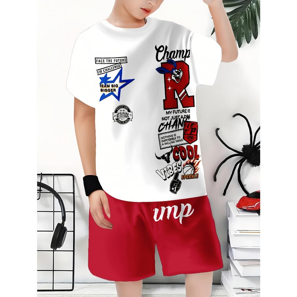 Boys  cartoon fashion rendering printed short sleeves and casual shorts 150