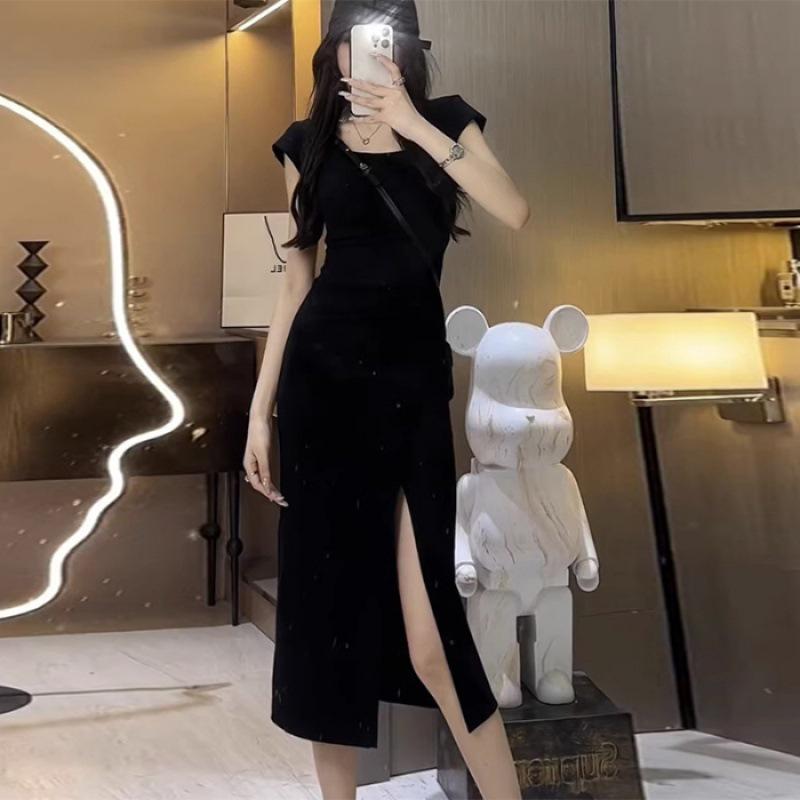 

Women s Black Square Collar Slit T-Shirt Dress - Slimming Mid-Length Summer 2025 Design Large
