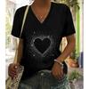 Fashion Love Shape Painting Blouses Short Sleeved V-Neck T Shirts Casual