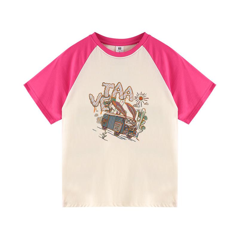 Ladies Summer Short Sleeve Round Collar Color Block Cartoon Printed Loose Pullover Casual T Shirt Top