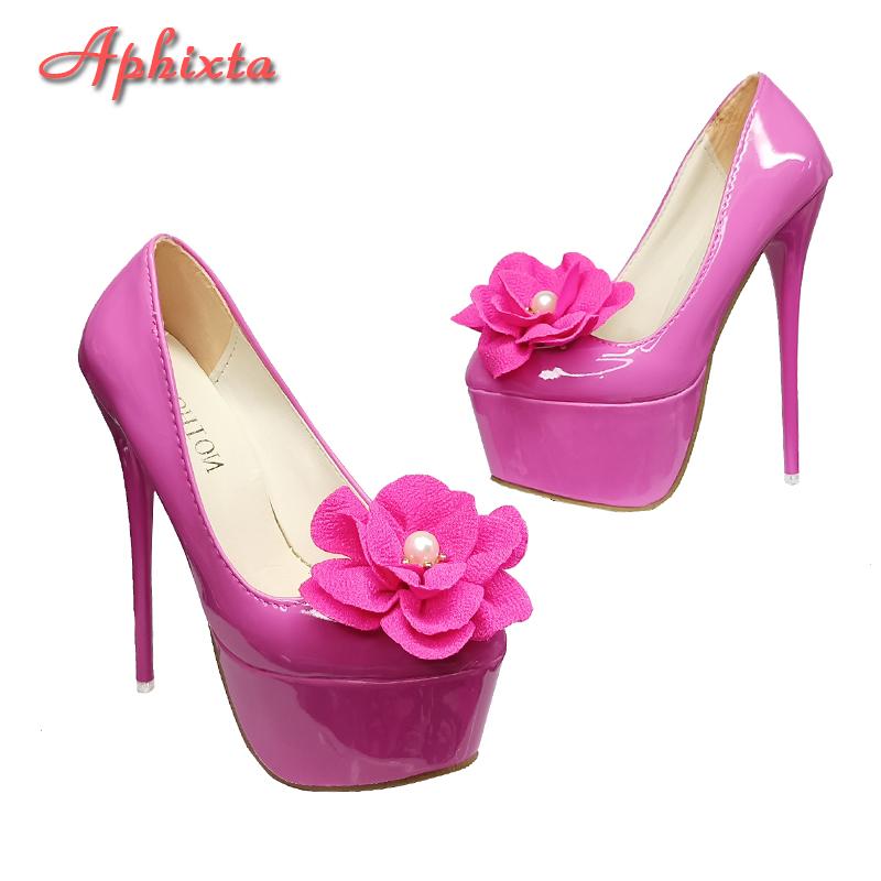 Aphixta Pearl Flowers Hot Sale Party Disco Dance Pumps Women 5.5cm Platform 16cm Super High Thin Heels Pumps