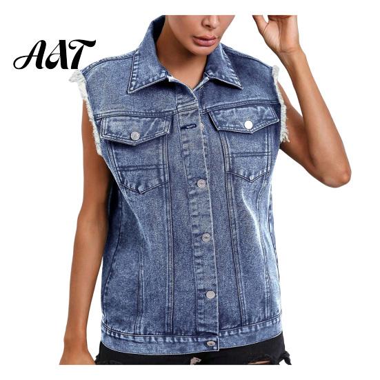 Casual Jean Vest Women Demin Sleeveless for Summer, Button Down with Pockets Jacket, Frayed Lapel Waistcoat Top L