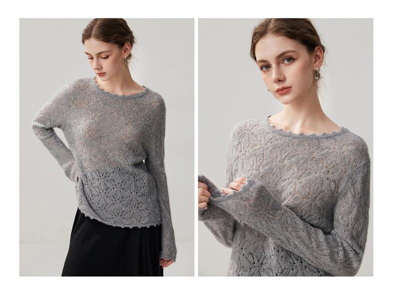 2026 Spring/Autumn Sequin Cashmere Round Neck Knitwear: Women's Long Sleeve Crochet Loose Top