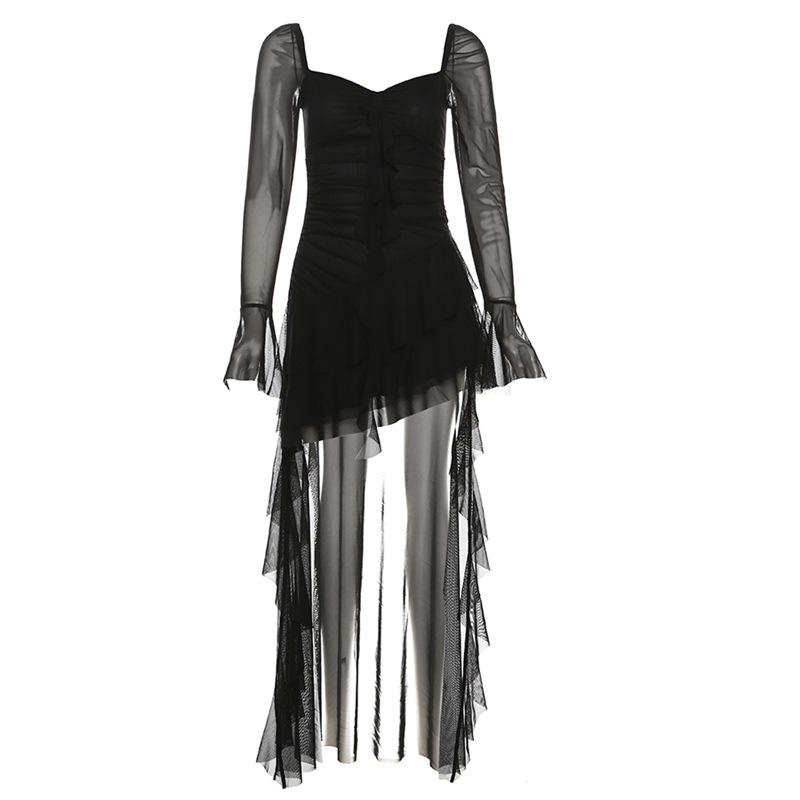 

Новое женское однотонное облегающее платье с высокой талией, квадратным вырезом и длинными рукавами, сетчатое платье S чёрный