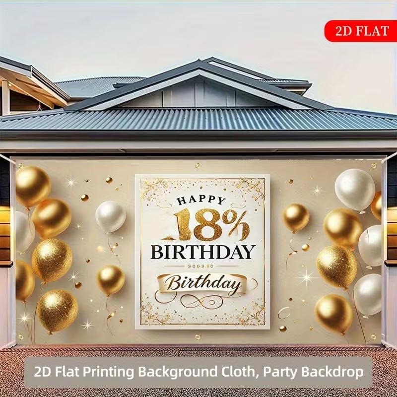 2D Gold Balloon 18 Happy Birthday Party Decoration Backdrop with Ribbon